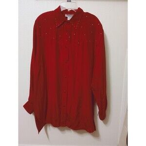 Vintage 100% Silk Button Up Show Shirt Bright Red With Rhinestones - Padded